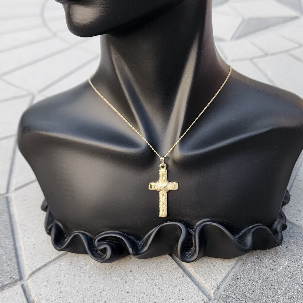 14K Yellow Gold Diamond Cut Cross Pendant Link Necklace - Picture 13 of 13